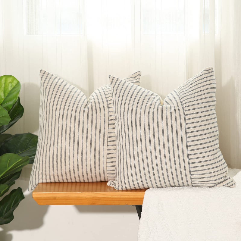 Hckot Set of 2 Farmhouse Throw Pillow Covers 18 x 18 Striped Linen Decorative Pillows Case for Sofa Couch Chair Bedroom Modern Decor(Grey) - Image 1